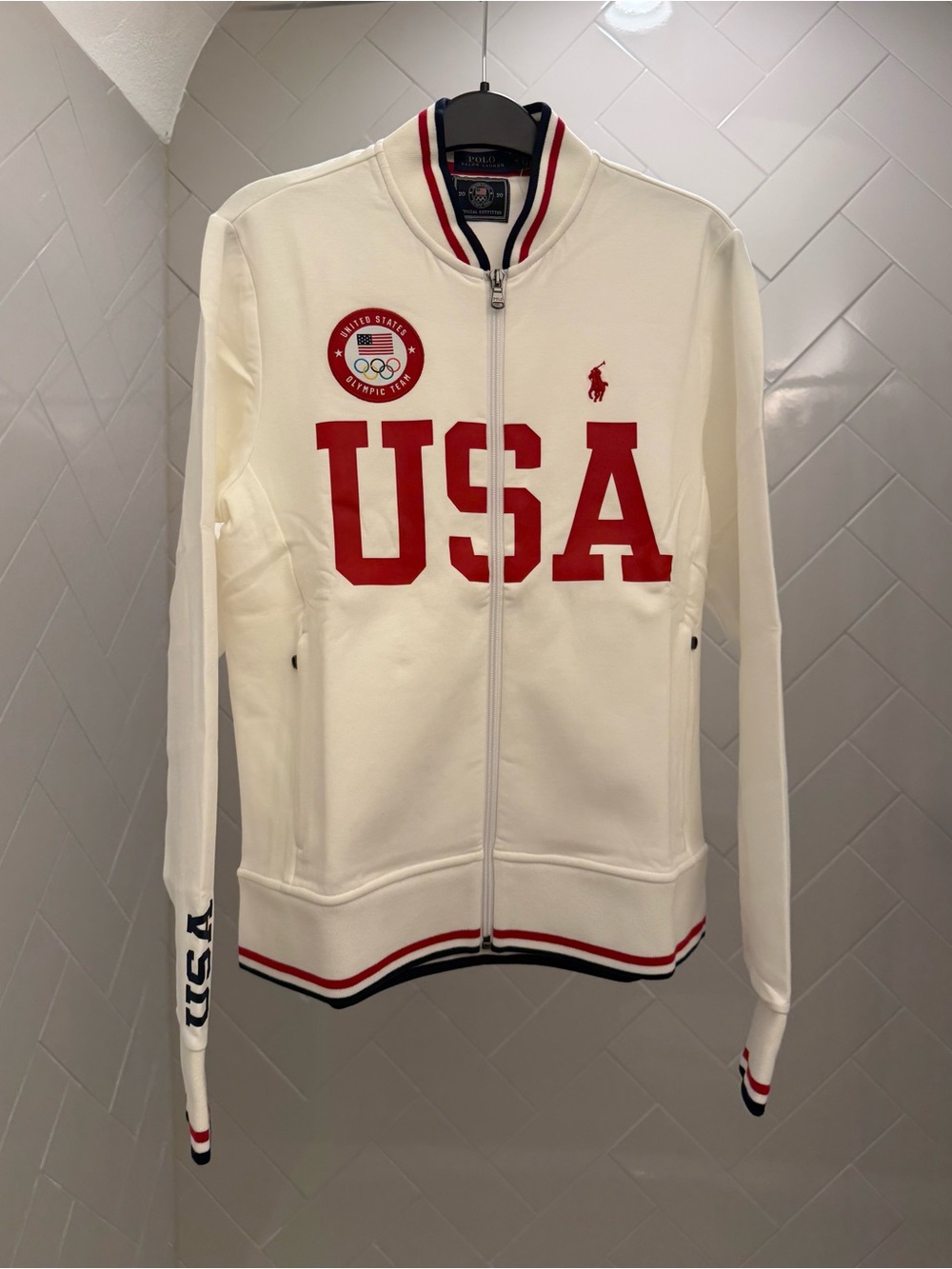 Polo by Ralph Lauren White Sweatshirt Bomber Jacket with Red & Blue Trim